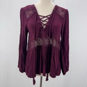 American Eagle Women Embroidered Boho Blouse Burgundy sz M Festival Beach Y2K